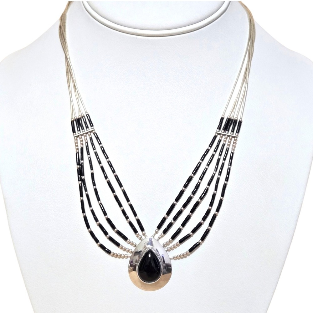 Zuni Sensa Eustace Liquid Sterling Silver Onyx Pendant Multi Strand Necklace 18"